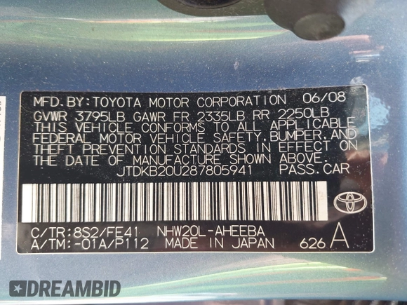 2008 Toyota Prius with VIN JTDKB20U287805941, listed as a IAAI auction lot 42168918 with 253,113 mi miles and . Bid and sale history available at DreamBid. Image 9.