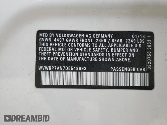 2013 Volkswagen CC Lux with VIN WVWRP7AN7DE549693, listed as a Copart auction lot 89004315 with 93,784 mi miles and Salvage Title. Bid and sale history available at carsss.com. Image 12.