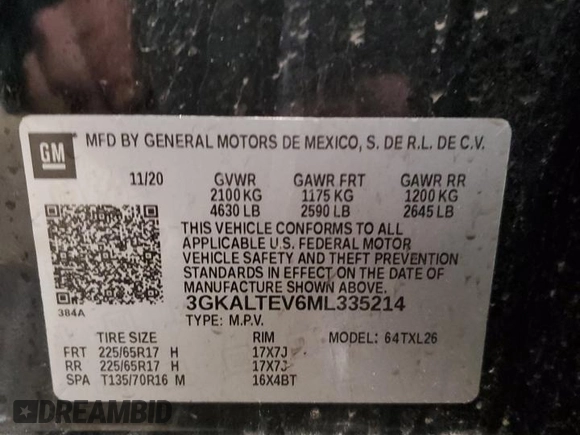 2021 GMC Terrain SLE with VIN 3GKALTEV6ML335214, listed as a Copart auction lot 88395625 with 70,133 mi miles and Salvage Title. Bid and sale history available at carsss.com. Image 12.