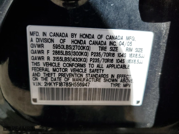 2005 Honda Pilot EX-L with NAVI with VIN 2HKYF18785H556947, listed as a Copart auction lot 48968035 with 146,847 mi miles and Salvage Title. Bid and sale history available at carsss.com. Image 13.