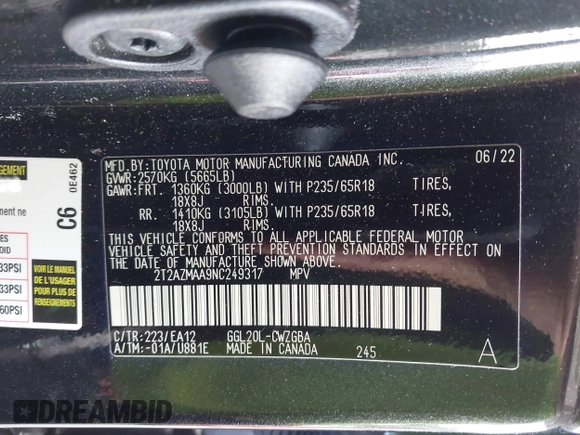 2022 Lexus RX 350 with VIN 2T2AZMAA9NC249317, listed as a IAAI auction lot 42600661 with 37,753 mi miles and . Bid and sale history available at DreamBid. Image 9.