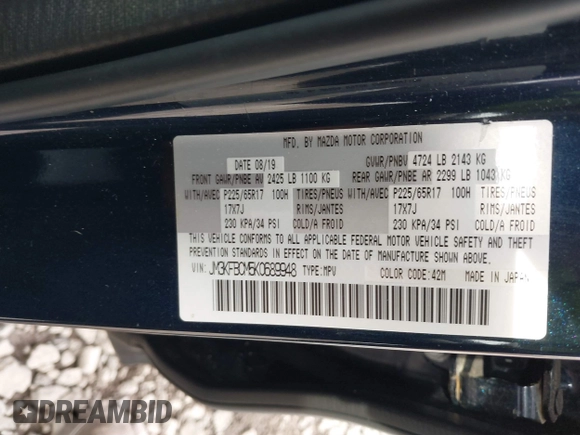 2019 Mazda CX-5 Touring with VIN JM3KFBCM5K0689948, listed as a IAAI auction lot 41976266 with 74,812 mi miles. Bid and sale history available at carsss.com. Image 9.