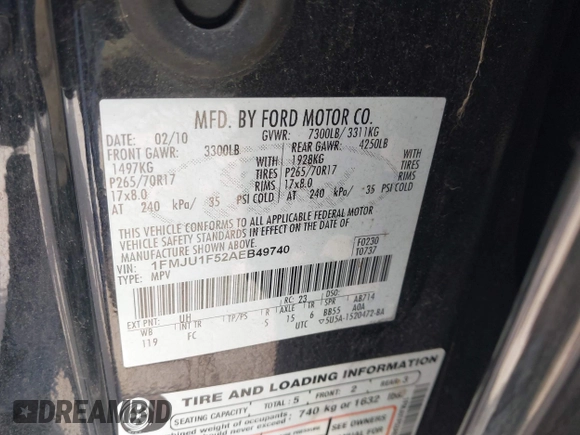 2010 Ford Expedition SSV с VIN 1FMJU1F52AEB49740, выставлен на аукционе IAAI как лот 42387396 с пробегом 233 906 миль миль и . История ставок и продаж доступна на DreamBid. Изображение 9.