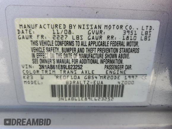 2009 Nissan Sentra S FE+ with VIN 3N1AB61E89L623252, listed as a Copart auction lot 59727285 with 145,302 mi miles and Salvage title. Bid and sale history available at DreamBid. Image 13.