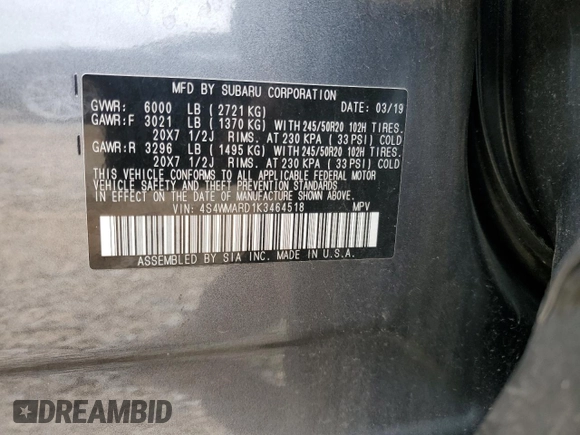 2019 Subaru Ascent Touring with VIN 4S4WMARD1K3464518, listed as a Copart auction lot 61824855 with 124,885 mi miles and Salvage title. Bid and sale history available at DreamBid. Image 13.