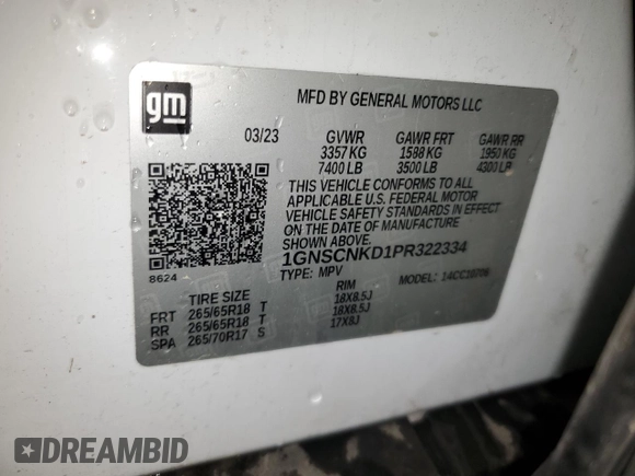 2023 Chevrolet Tahoe LT with VIN 1GNSCNKD1PR322334, listed as a Copart auction lot 51358425 with 37,853 mi miles and Clean title. Bid and sale history available at DreamBid. Image 14.
