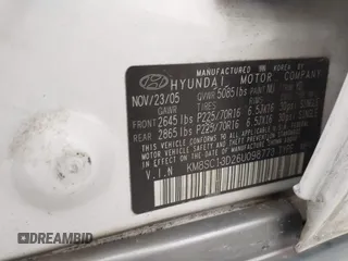 2006 Hyundai Santa Fe GLS with VIN KM8SC13D26U098773, listed as a IAAI auction lot 42382655 with 268,133 mi miles and . Bid and sale history available at DreamBid. Image 9.