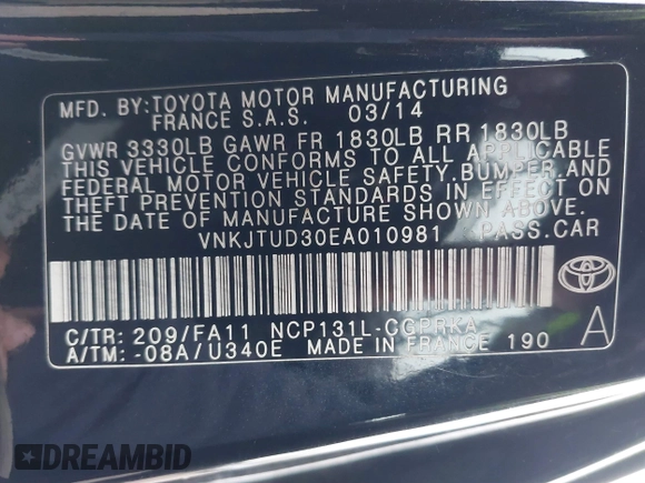 2014 Toyota Yaris L with VIN VNKJTUD30EA010981, listed as a IAAI auction lot 41275154 with 1 mi miles. Bid and sale history available at carsss.com. Image 9.