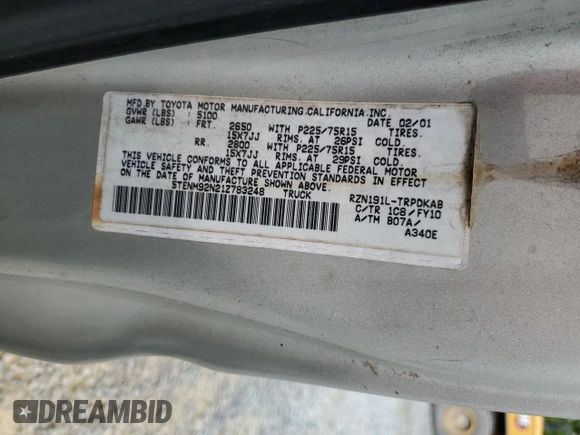 2001 Toyota Tacoma PreRunner with VIN 5TENM92N21Z783248, listed as a Copart auction lot 52572235 with 206,536 mi miles and Salvage title. Bid and sale history available at DreamBid. Image 14.