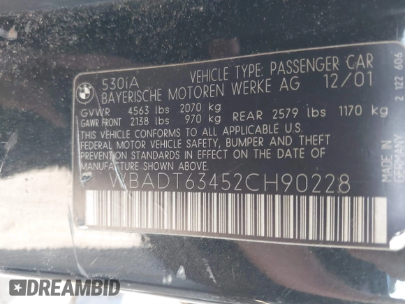 2002 BMW 5 Series 530i with VIN WBADT63452CH90228, listed as a IAAI auction lot 41564527 with Not Provided miles and . Bid and sale history available at DreamBid. Image 9.