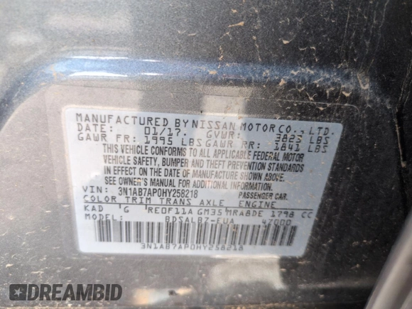 2017 Nissan Sentra S with VIN 3N1AB7AP0HY258218, listed as a Copart auction lot 61551805 with 51,375 mi miles and Salvage title. Bid and sale history available at DreamBid. Image 12.