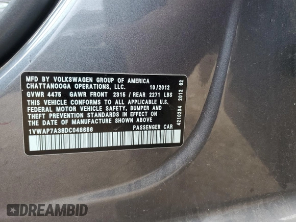 2013 Volkswagen Passat S z VIN 1VWAP7A38DC048686, wystawiony jako Copart lot #54582865 z przebiegiem 140 798 mil mil oraz Szkoda całkowita • Salvage title. Historia ofert i sprzedaży dostępna na DreamBid. Obrazek 12.