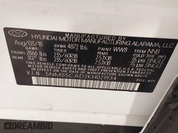 2019 Hyundai Santa Fe Limited with VIN 5NMS5CAD2KH021934, listed as a IAAI auction lot 40726332 with 52,994 mi miles. Bid and sale history available at carsss.com. Image 9.