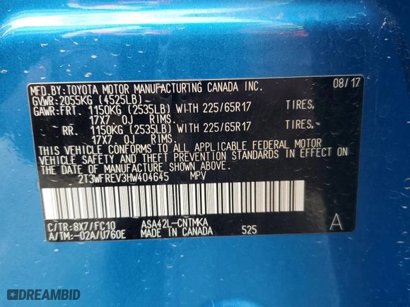 2017 Toyota RAV4 XLE with VIN 2T3WFREV3HW404645, listed as a Copart auction lot 48933125 with 0 mi miles and Salvage Title. Bid and sale history available at carsss.com. Image 14.