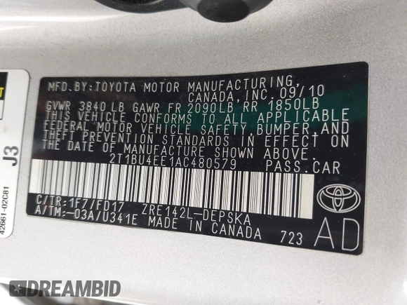 2010 Toyota Corolla with VIN 2T1BU4EE1AC480579, listed as a IAAI auction lot 42210623 with 123,795 mi miles. Bid and sale history available at carsss.com. Image 9.