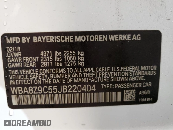 2018 BMW 3 Series 330i xDrive with VIN WBA8Z9C55JB220404, listed as a Copart auction lot 50084984 with 43,772 mi miles. Bid and sale history available at carsss.com. Image 12.