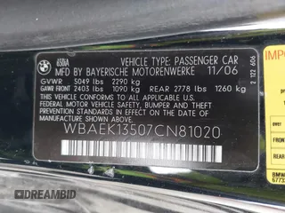 2007 BMW 6 Series 650i with VIN WBAEK13507CN81020, listed as a IAAI auction lot 42167743 with 127,552 mi miles and . Bid and sale history available at carsss.com. Image 9.
