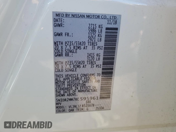 2019 Nissan Pathfinder S z VIN 5N1DR2MM7KC595961, wystawiony jako Copart lot #50716175 z przebiegiem 107 677 mil mil oraz Szkoda całkowita • Salvage title. Historia ofert i sprzedaży dostępna na DreamBid. Obrazek 12.