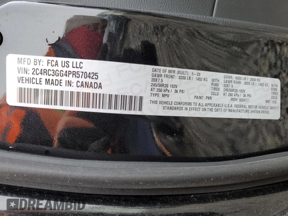2023 Chrysler Pacifica Limited with VIN 2C4RC3GG4PR570425, listed as a Copart auction lot 86352374 with Not provided miles and Salvage title. Bid and sale history available at DreamBid. Image 13.