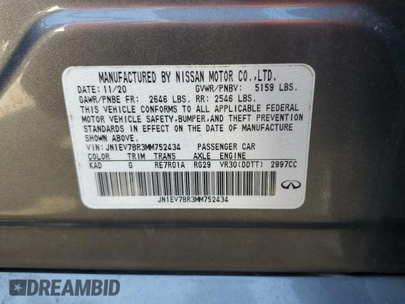 2021 Infiniti Q50 Luxe with VIN JN1EV7BR3MM752434, listed as a Copart auction lot 61428725 with 37,533 mi miles and Salvage title. Bid and sale history available at DreamBid. Image 12.