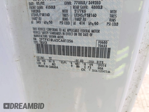 2002 Ford F-150 XL with VIN 2FTPX18L62CA81256, listed as a IAAI auction lot 42672707 with Not provided miles and . Bid and sale history available at DreamBid. Image 9.