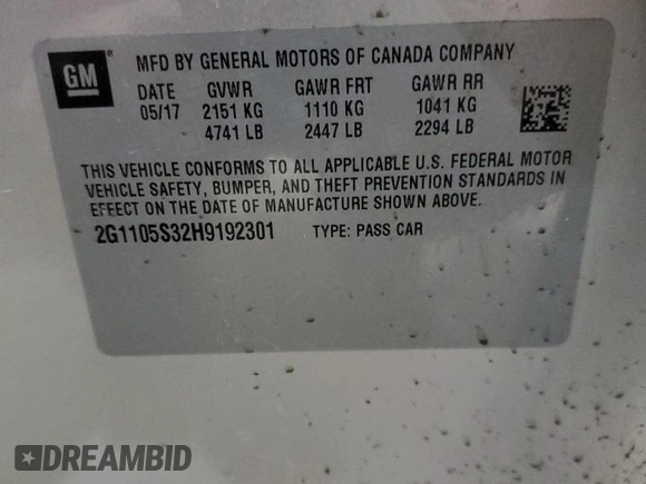 2017 Chevrolet Impala LT with VIN 2G1105S32H9192301, listed as a Copart auction lot 47583715 with 93,978 mi miles and Non Repairable. Bid and sale history available at DreamBid. Image 12.
