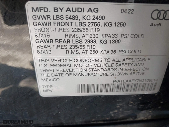 2022 Audi Q5 S line Premium Plus with VIN WA1EAAFY7N2108014, listed as a IAAI auction lot 41471071 with 13,717 mi miles. Bid and sale history available at carsss.com. Image 9.