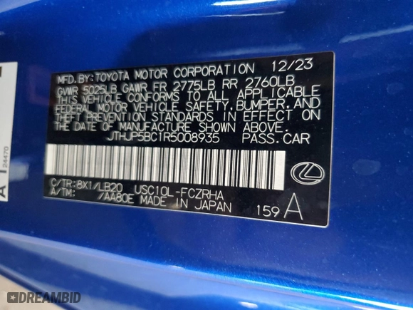 2024 Lexus RC F with VIN JTHJP5BC1R5008935, listed as a Copart auction lot 70887974 with 1,073 mi miles and Clean Title. Bid and sale history available at carsss.com. Image 12.
