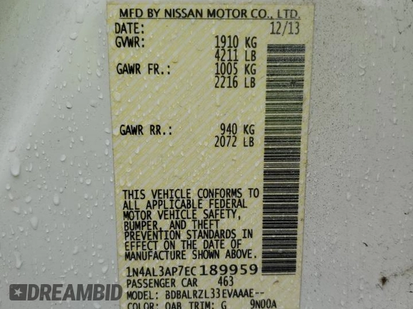 2014 Nissan Altima 2.5 S with VIN 1N4AL3AP7EC189959, listed as a Copart auction lot 52084645 with 136,516 mi miles and Salvage Title. Bid and sale history available at carsss.com. Image 14.