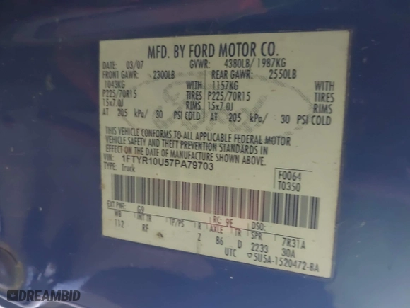 2007 Ford Ranger XL with VIN 1FTYR10U57PA79703, listed as a IAAI auction lot 41863535 with 184,718 mi miles. Bid and sale history available at carsss.com. Image 9.