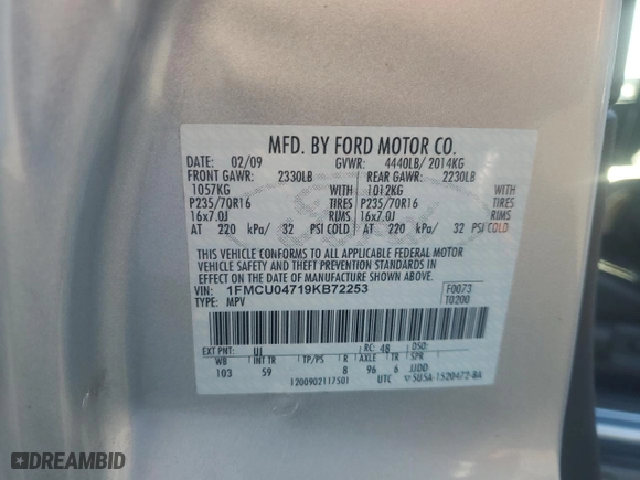 2009 Ford Escape Limited with VIN 1FMCU04719KB72253, listed as a Copart auction lot 48753155 with 64,182 mi miles and Salvage Title. Bid and sale history available at carsss.com. Image 13.