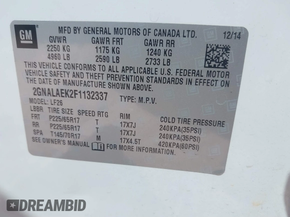 2015 Chevrolet Equinox LS z VIN 2GNALAEK2F1132337, wystawiony jako IAAI lot #41793711 z przebiegiem 91 007 mil mil oraz . Historia ofert i sprzedaży dostępna na DreamBid. Obrazek 9.
