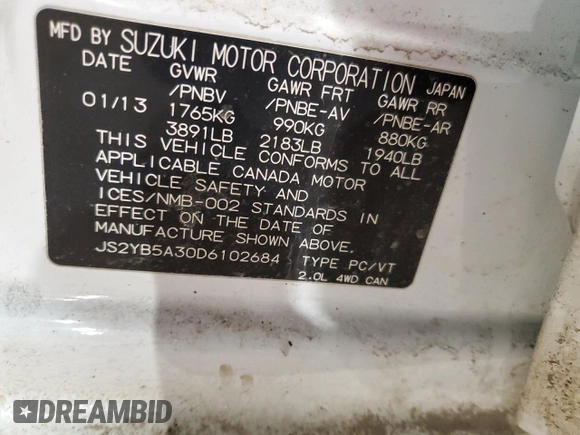 2013 Suzuki SX4 Crossover z VIN JS2YB5A30D6102684, wystawiony jako Copart lot #88725715 z przebiegiem 104 023 mil mil oraz Szkoda całkowita • Salvage title. Historia ofert i sprzedaży dostępna na DreamBid. Obrazek 12.