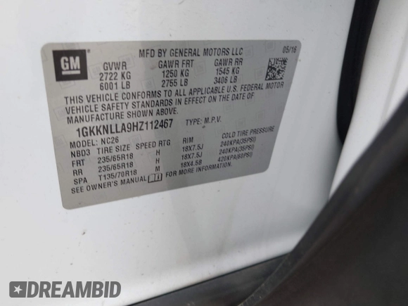 2017 GMC Acadia SLE z VIN 1GKKNLLA9HZ112467, wystawiony jako IAAI lot #42269084 z przebiegiem 137 571 mil mil oraz . Historia ofert i sprzedaży dostępna na DreamBid. Obrazek 9.