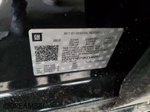 2019 Chevrolet Silverado 1500 High Country with VIN 1GCUYHED8KZ140297, listed as a Copart auction lot 42610235 with 63,503 mi miles and Salvage Title. Bid and sale history available at carsss.com. Image 14.