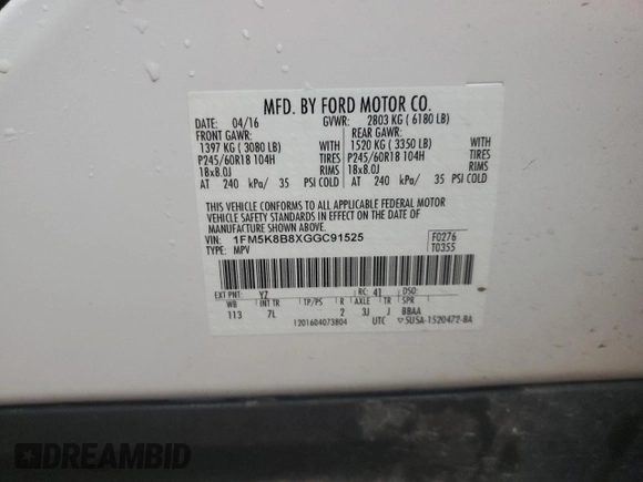 2016 Ford Explorer with VIN 1FM5K8B8XGGC91525, listed as a Copart auction lot 59095935 with 154,014 mi miles and Salvage title. Bid and sale history available at DreamBid. Image 13.
