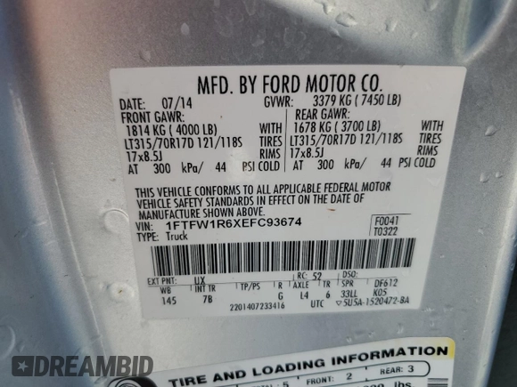 2014 Ford F-150 SVT Raptor with VIN 1FTFW1R6XEFC93674, listed as a Copart auction lot 47443025 with Not Provided miles and Salvage Title. Bid and sale history available at carsss.com. Image 13.