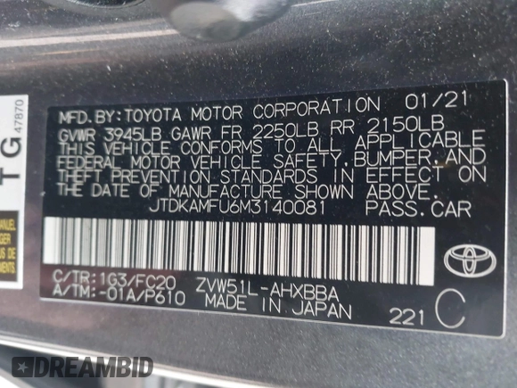 2021 Toyota Prius L Eco with VIN JTDKAMFU6M3140081, listed as a IAAI auction lot 42131187 with 103,973 mi miles and . Bid and sale history available at DreamBid. Image 9.