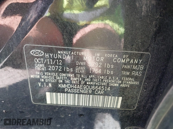 2013 Hyundai Elantra Limited with VIN KMHDH4AE9DU664514, listed as a IAAI auction lot 42031666 with 90,517 mi miles and . Bid and sale history available at DreamBid. Image 9.