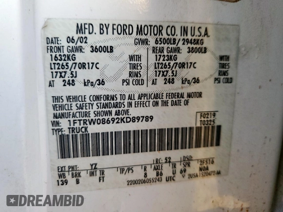 2002 Ford F-150 XLT with VIN 1FTRW08692KD89789, listed as a Copart auction lot 52621555 with 150,012 mi miles and Salvage Title. Bid and sale history available at carsss.com. Image 13.