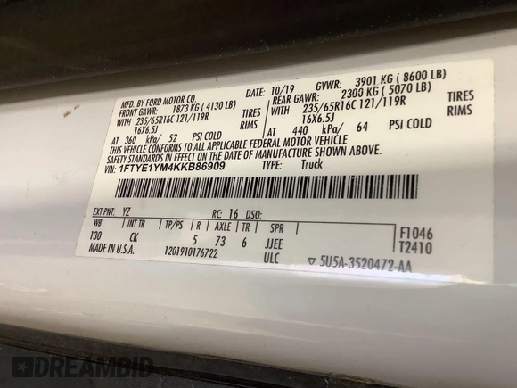 2019 Ford Transit with VIN 1FTYE1YM4KKB86909, listed as a IAAI auction lot 42749952 with 113,691 mi miles and . Bid and sale history available at DreamBid. Image 10.