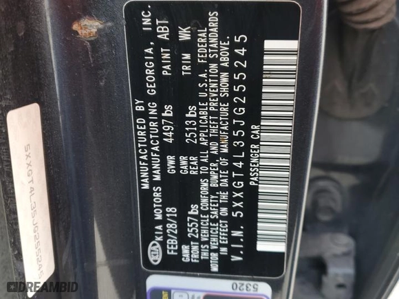 2018 Kia Optima LX with VIN 5XXGT4L35JG255245, listed as a Copart auction lot 45896845 with 62,553 mi miles and Salvage Title. Bid and sale history available at carsss.com. Image 12.