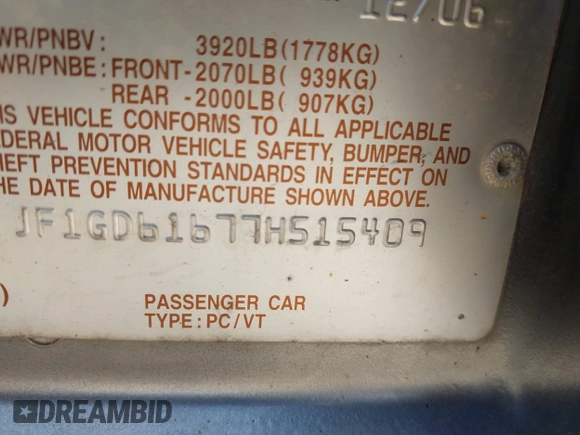 2007 Subaru Impreza i Special with VIN JF1GD61677H515409, listed as a IAAI auction lot 42543519 with 149,653 mi miles and . Bid and sale history available at DreamBid. Image 9.