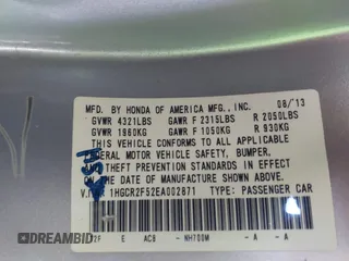 2014 Honda Accord Sedan Sport with VIN 1HGCR2F52EA002871, listed as a IAAI auction lot 41885109 with 105,277 mi miles. Bid and sale history available at carsss.com. Image 9.