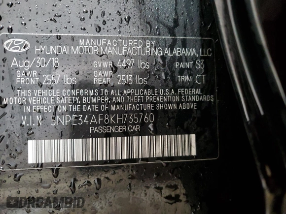2019 Hyundai Sonata SEL with VIN 5NPE34AF8KH735760, listed as a Copart auction lot 54318655 with 70,917 mi miles and Salvage Title. Bid and sale history available at DreamBid. Image 12.