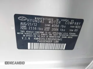 2013 Hyundai Elantra with VIN KMHD35LE8DU042441, listed as a IAAI auction lot 42432265 with 81,409 mi miles and . Bid and sale history available at DreamBid. Image 9.