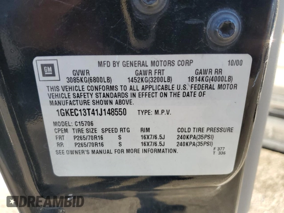 2001 GMC Yukon SLT z VIN 1GKEC13T41J148550, wystawiony jako Copart lot #80580964 z przebiegiem Nie podano mil oraz Szkoda całkowita • Salvage title. Historia ofert i sprzedaży dostępna na DreamBid. Obrazek 13.