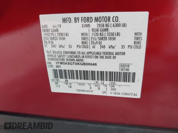 2019 Ford Explorer Sport with VIN 1FM5K8GT0KGB06646, listed as a IAAI auction lot 41865944 with 106,289 mi miles and . Bid and sale history available at DreamBid. Image 9.
