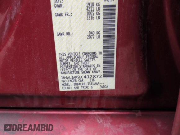 2014 Nissan Altima SV with VIN 1N4AL3AP5EC412872, listed as a Copart auction lot 49775545 with 167,156 mi miles and Salvage Title. Bid and sale history available at DreamBid. Image 12.