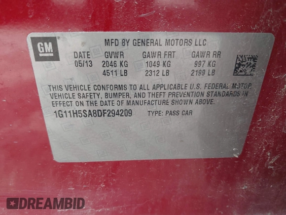 2013 Chevrolet Malibu LTZ with VIN 1G11H5SA8DF294209, listed as a IAAI auction lot 42156638 with 177,957 mi miles and . Bid and sale history available at DreamBid. Image 9.